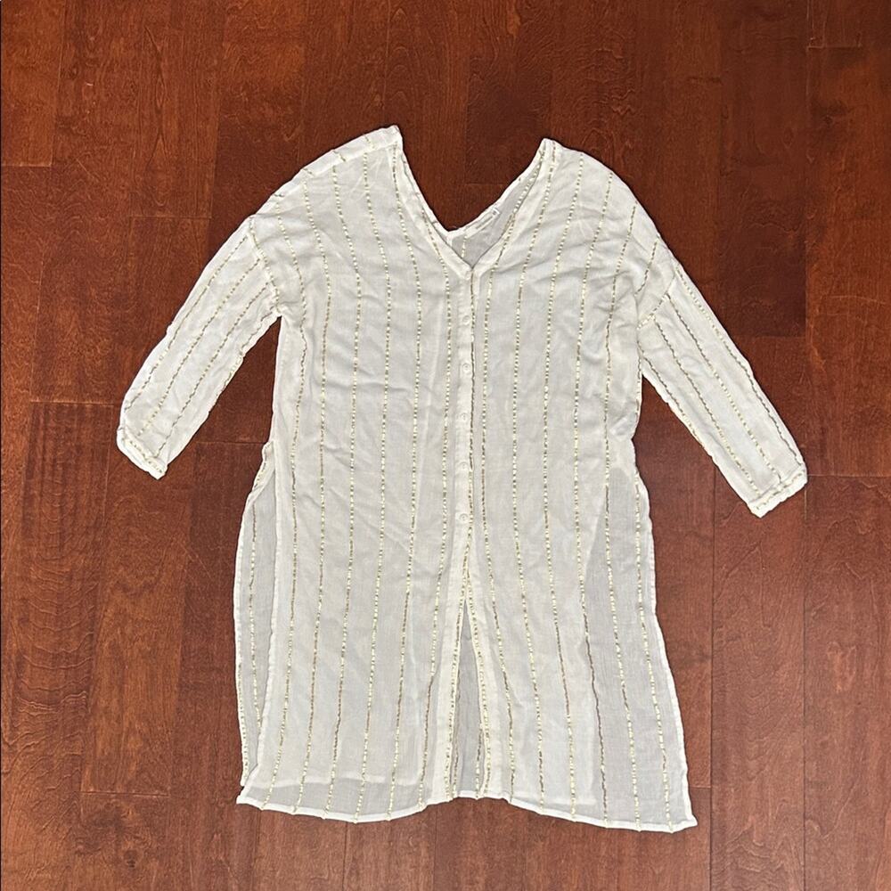 Mod Goddess White Sheer Bathing Suit Cover-Up with Gold Metallic Stripes, Size S